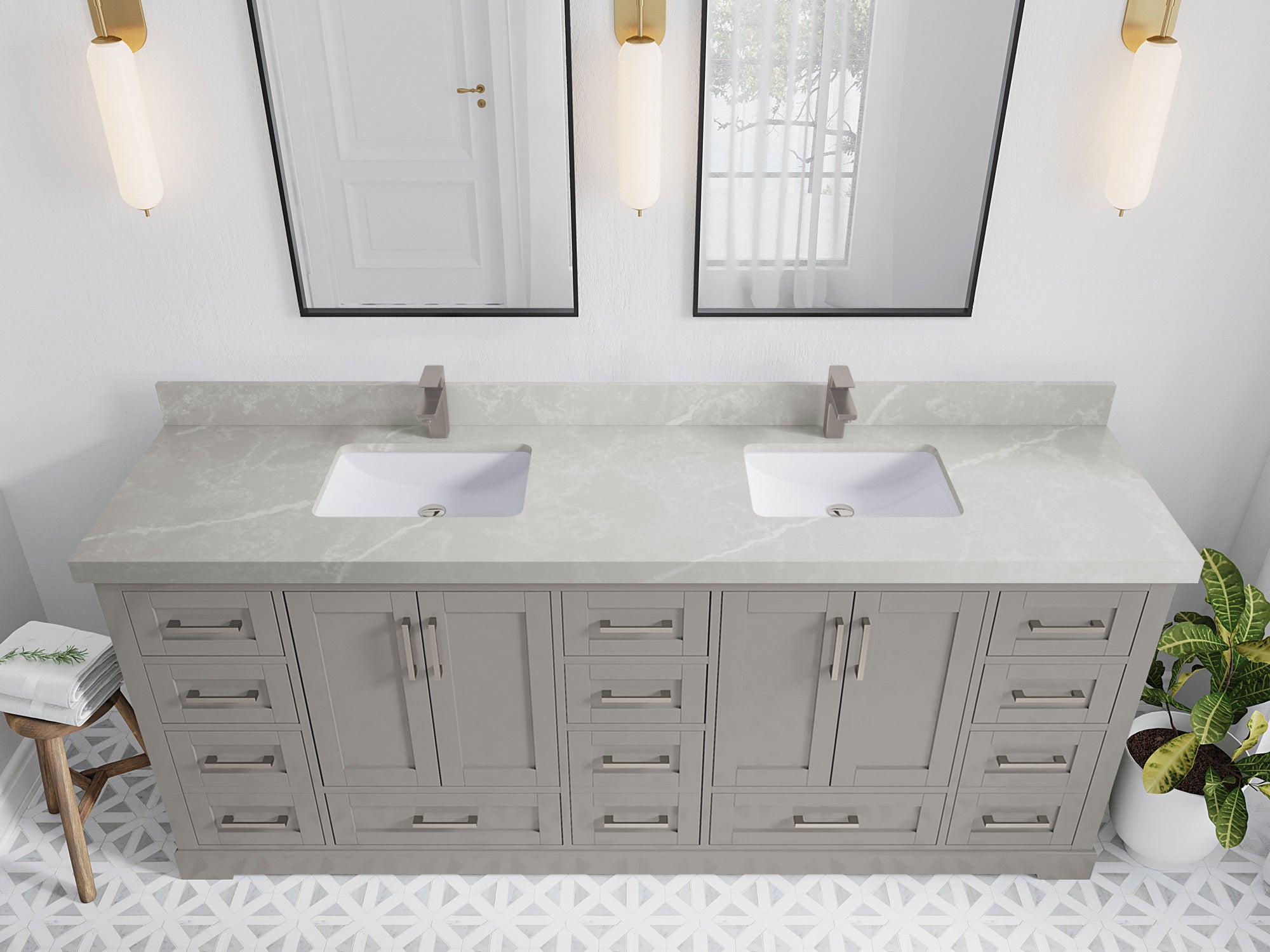 Boston 84 in. W x 22 in. D Double Sink Bathroom Vanity in Elephant Skin Gray with 2 in Pearl Light Gray Quartz Countertop - Top View