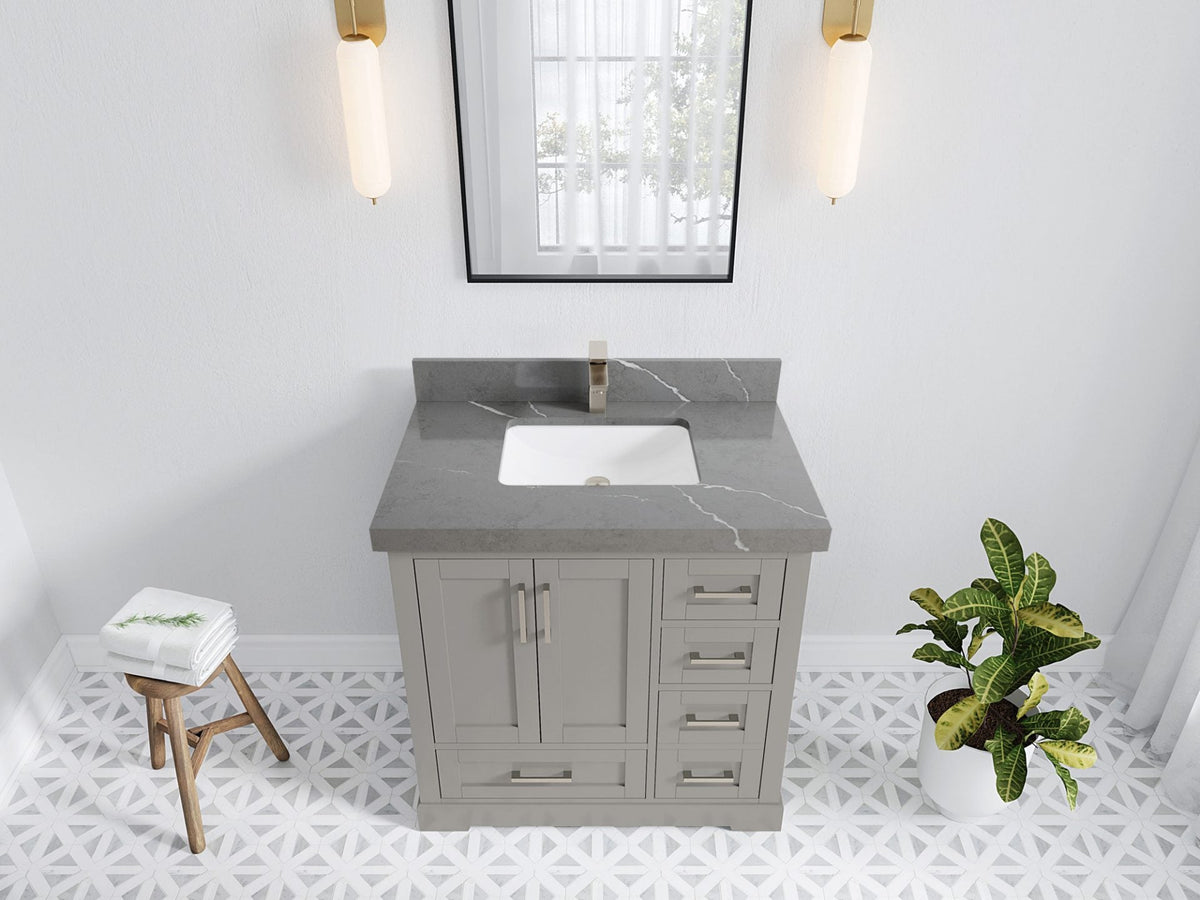 Boston 36 in. W x 22 in. D Single Sink Bathroom Vanity in Elephant Skin Gray with 2 in Piatra Gray Quartz Countertop - Top View