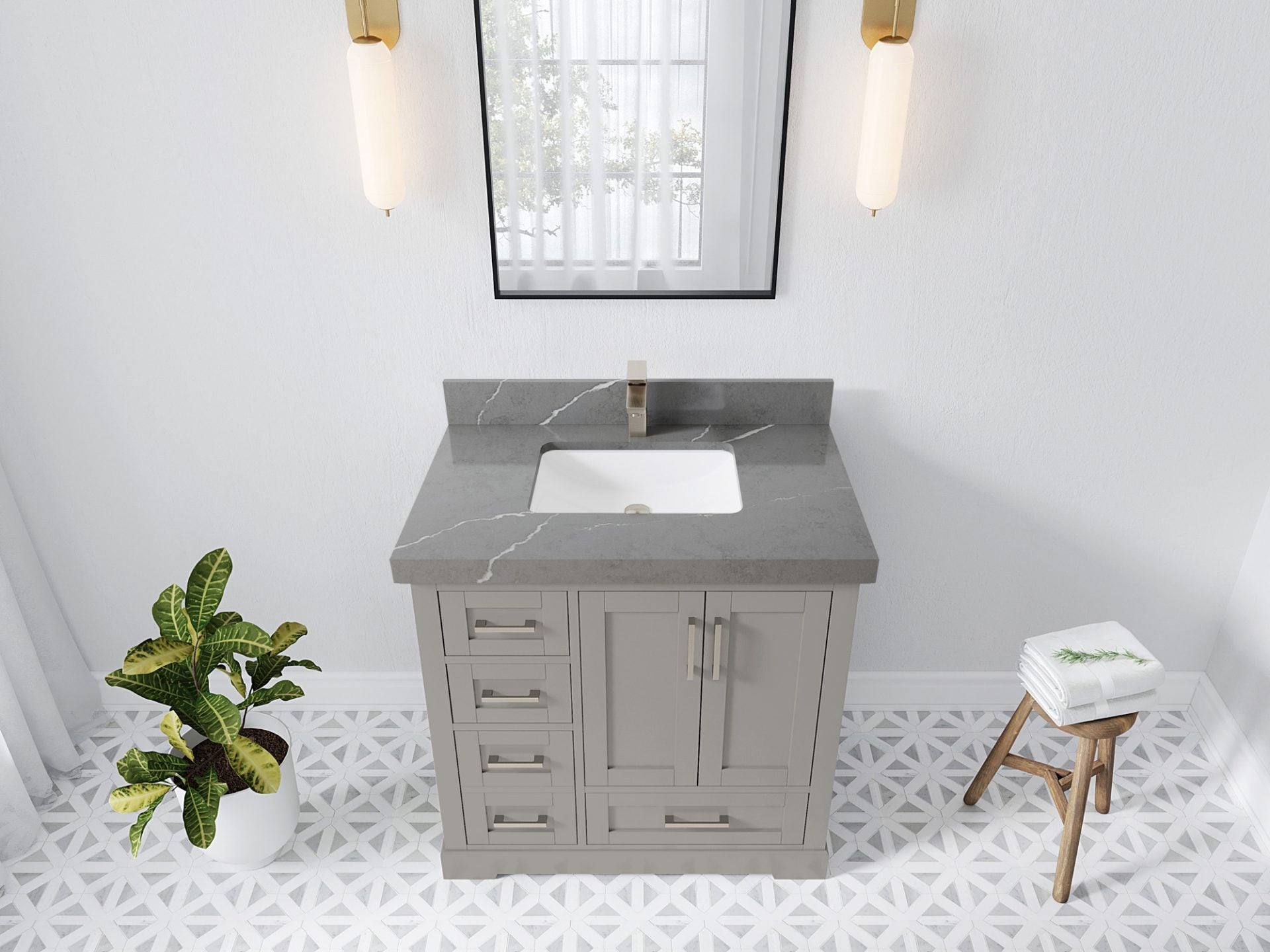 Boston 36 in. W x 22 in. D Single Sink Bathroom Vanity in Elephant Skin Gray with 2 in Piatra Gray Quartz Countertop - Top View