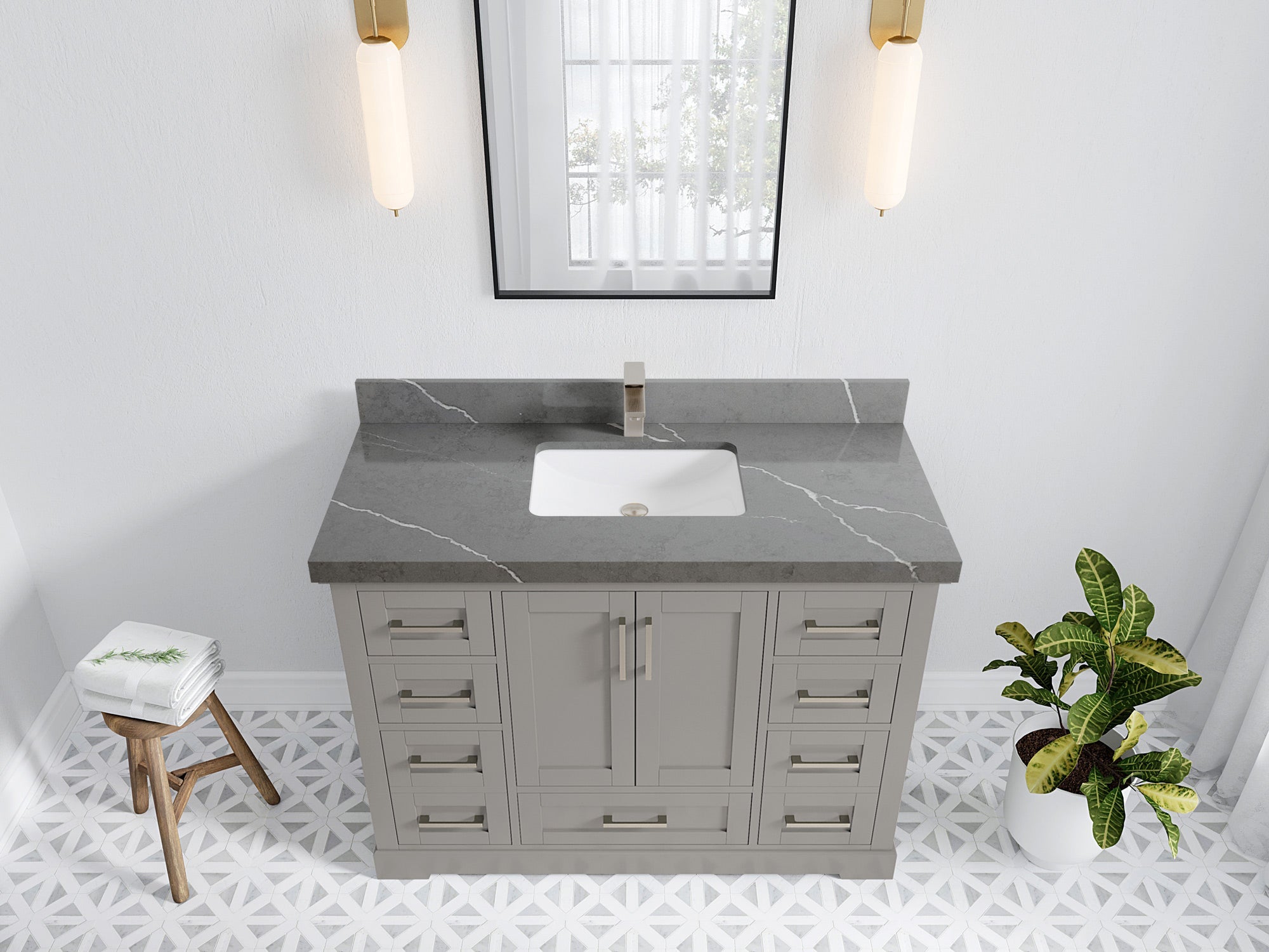 Boston 48 in. W x 22 in. D Single Sink Bathroom Vanity in Elephant Skin Gray with 2 in Piatra Gray Quartz Countertop - Top View