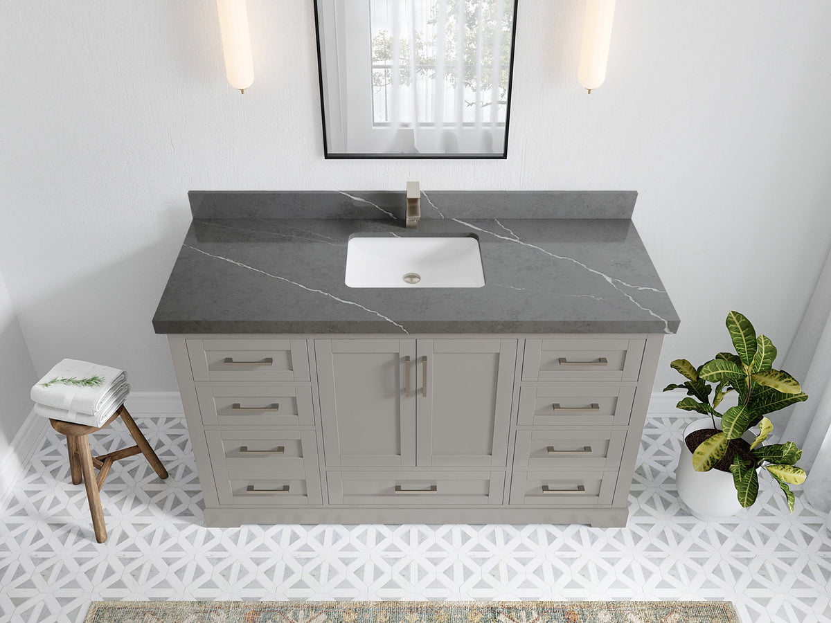 Boston 60 in. W x 22 in. D Single Sink Bathroom Vanity in Elephant Skin Gray with 2 in Piatra Gray Quartz Countertop - Top View