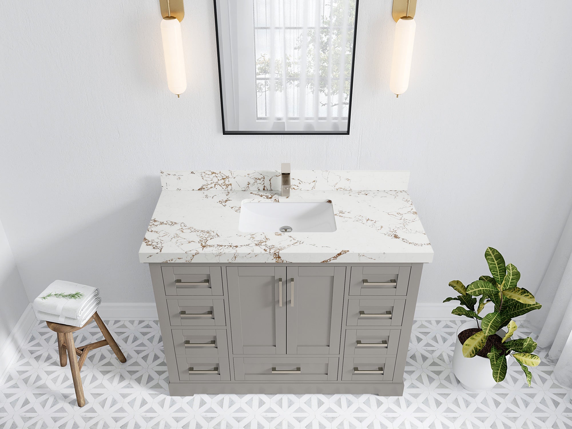 Boston 48 in. W x 22 in. D Single Sink Bathroom Vanity in Elephant Skin Gray with 2 in Viola Brown Quartz Countertop - Top View
