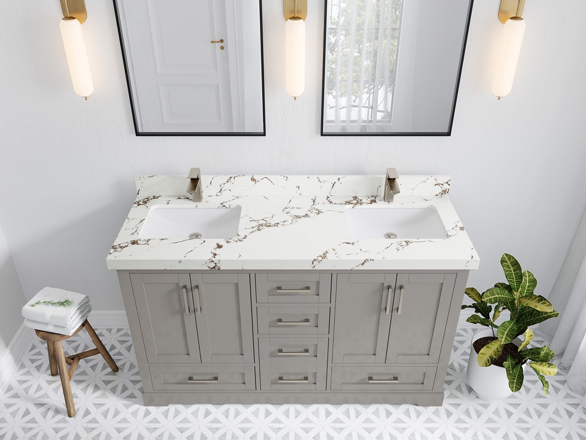 Boston 60 in. W x 22 in. D Double Sink Bathroom Vanity in Elephant Skin Gray with 2 in Viola Brown Quartz Countertop - Top View