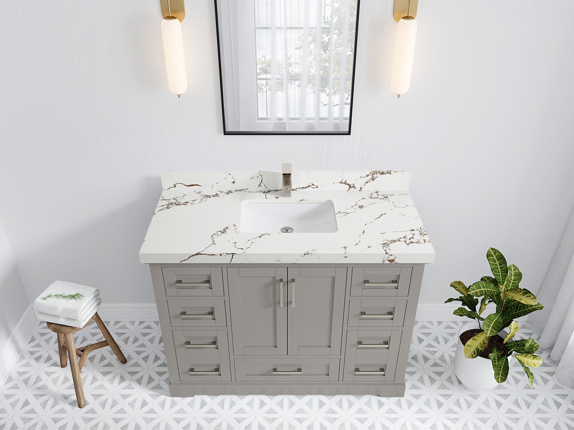 Boston 48 in. W x 22 in. D Single Sink Bathroom Vanity in Elephant Skin Gray with 2 in Viola Gold Quartz Countertop - Top View