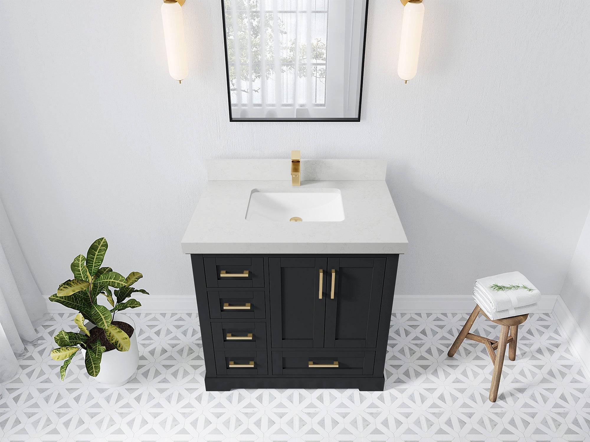Boston 36 in. W x 22 in. D Single Sink Bathroom Vanity in Wrought Iron with 2 in Carrara Quartz Countertop - Top View