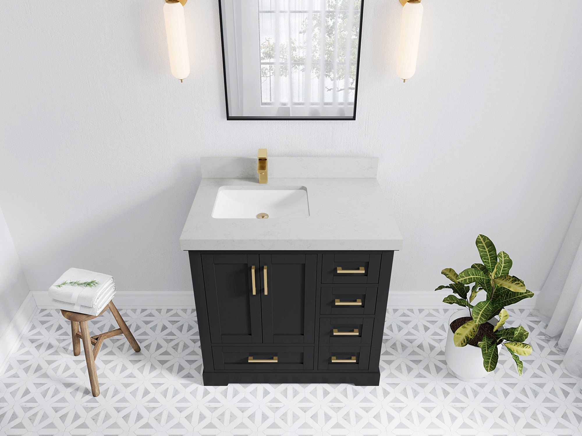 Boston 36 in. W x 22 in. D Single Sink Bathroom Vanity in Wrought Iron with 2 in Carrara Quartz Countertop - Top View