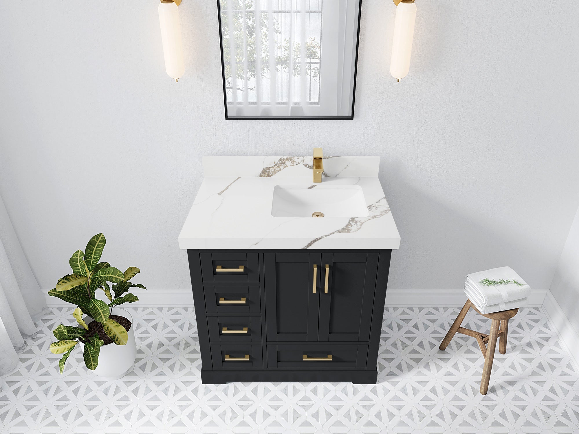 Boston 36 in. W x 22 in. D Single Sink Bathroom Vanity in Wrought Iron with 2 in Calacatta Gold Quartz Countertop - Top View