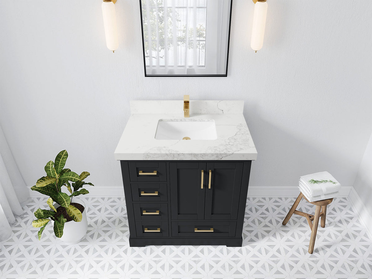 Boston 36 in. W x 22 in. D Single Sink Bathroom Vanity in Wrought Iron with 2 in Calacatta Nuvo Quartz Countertop - Top View