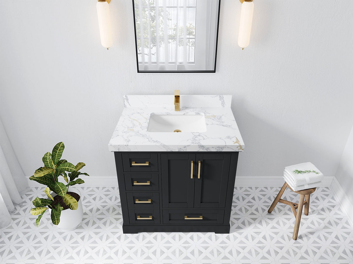 Boston 36 in. W x 22 in. D Single Sink Bathroom Vanity in Wrought Iron with 2 in Calacatta Poanazzo Quartz Countertop - Top View