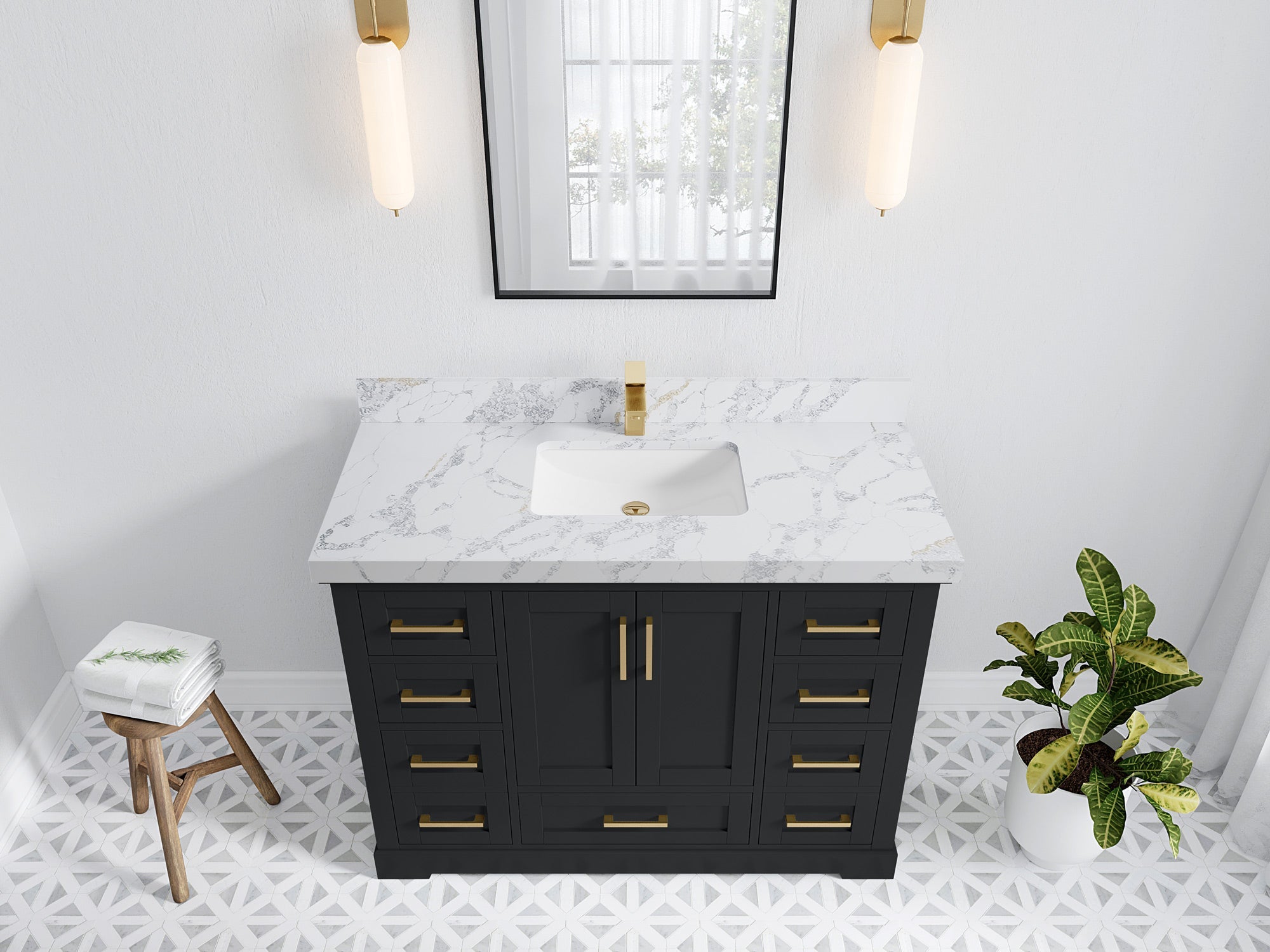 Boston 48 in. W x 22 in. D Single Sink Bathroom Vanity in Wrought Iron with 2 in Calacatta Poanazzo Quartz Countertop - Top View