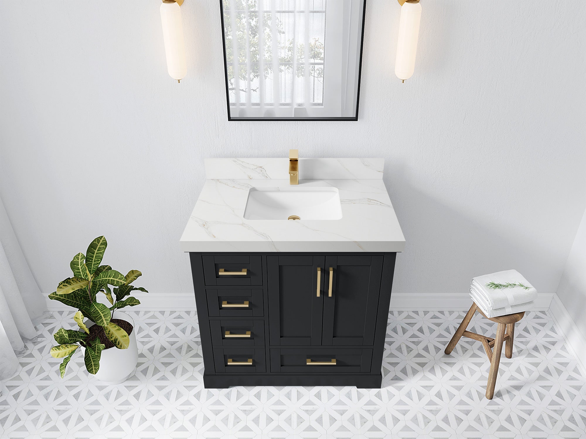 Boston 36 in. W x 22 in. D Single Sink Bathroom Vanity in Wrought Iron with 2 in Calacatta Sienna Quartz Countertop - Top View