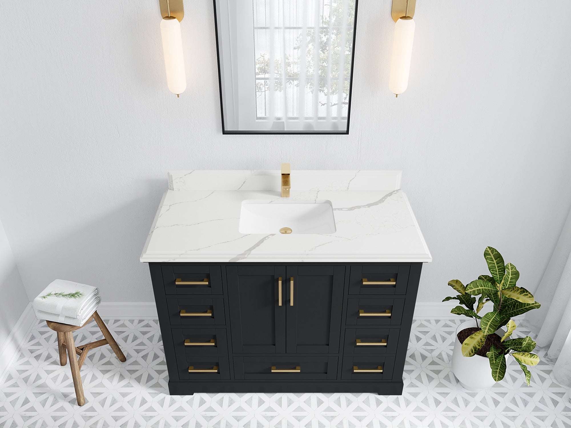 Boston 48 in. W x 22 in. D Single Sink Bathroom Vanity in Wrought Iron with 1.5 in Double Cove Edge Calacatta Laza Quartz Countertop - Top View