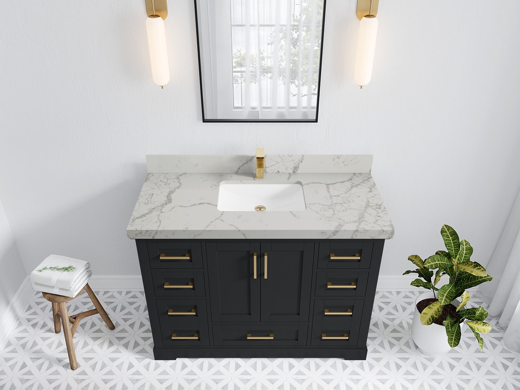Boston 48 in. W x 22 in. D Single Sink Bathroom Vanity in Wrought Iron with 2 in Venatino Quartz Countertop - Top View