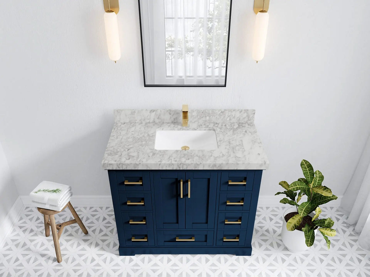 Boston 42 in. W x 22 in. D Single Sink Bathroom Vanity in Navy Blue with 2 in Carrara Marble Countertop - Top View
