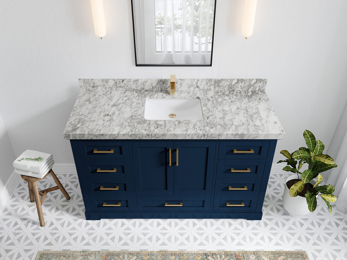 Boston 60 in. W x 22 in. D Single Sink Bathroom Vanity in Navy Blue with 2 in Carrara Marble Countertop - Top View