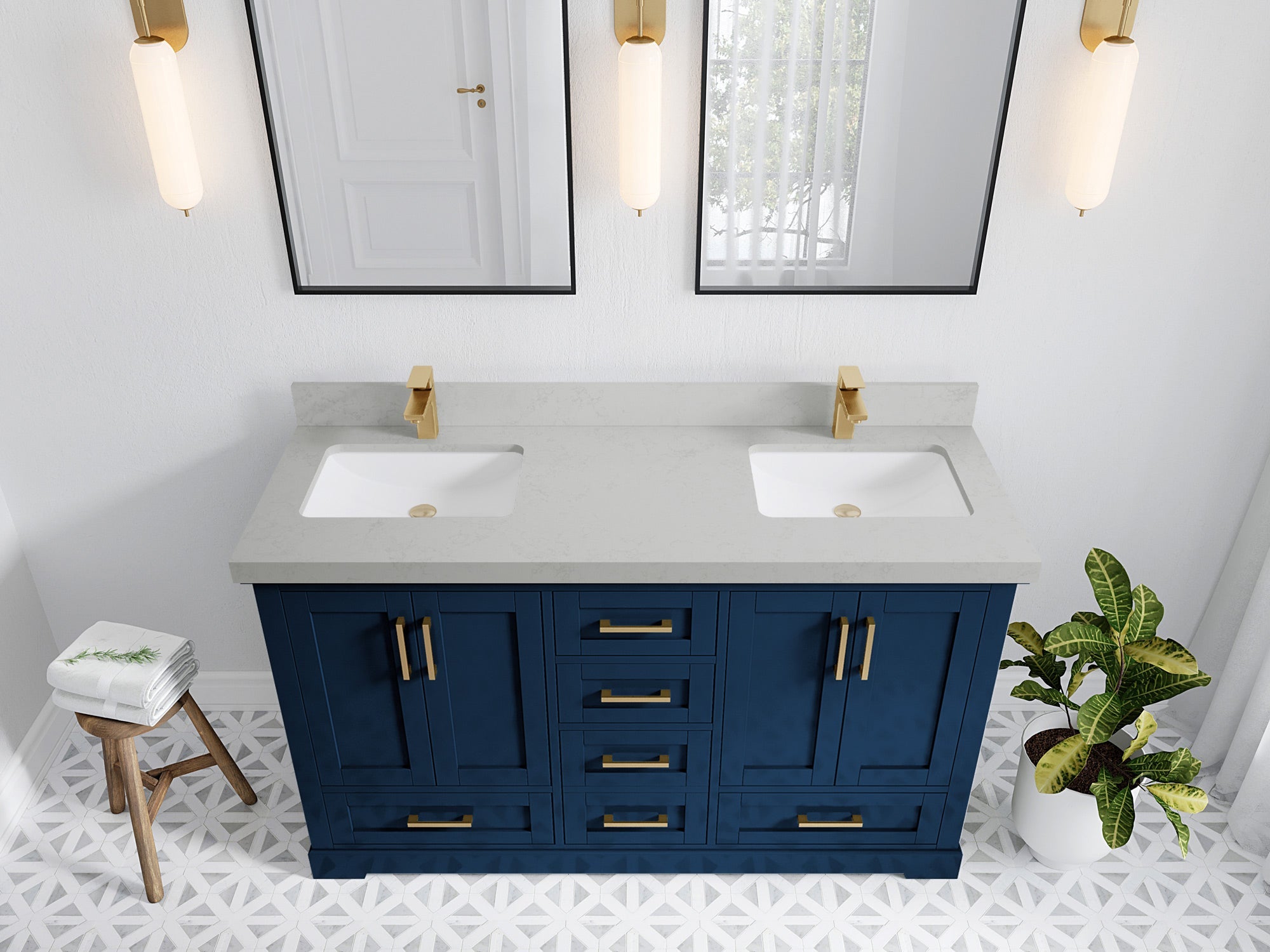 Boston 60 in. W x 22 in. D Double Sink Bathroom Vanity in Navy Blue with 2 in Carrara Quartz Countertop - Top View