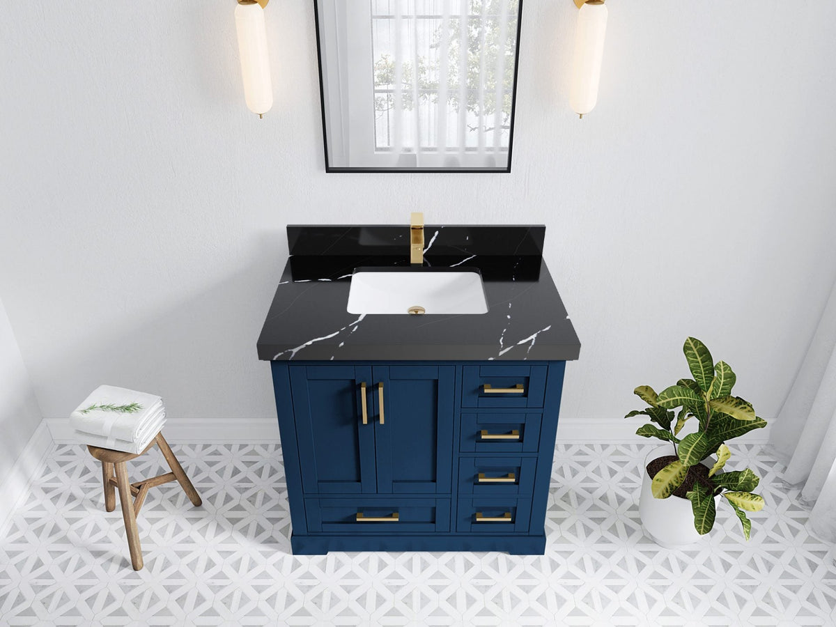 Boston 36 in. W x 22 in. D Single Sink Bathroom Vanity in Navy Blue with 2 in Calacatta Black Quartz Countertop - Top View
