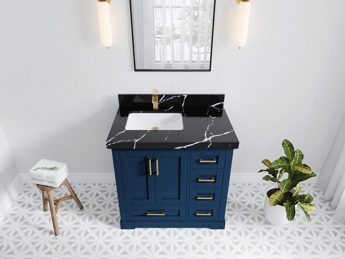 Boston 36 in. W x 22 in. D Single Sink Bathroom Vanity in Navy Blue with 2 in Calacatta Black Quartz Countertop - Top View