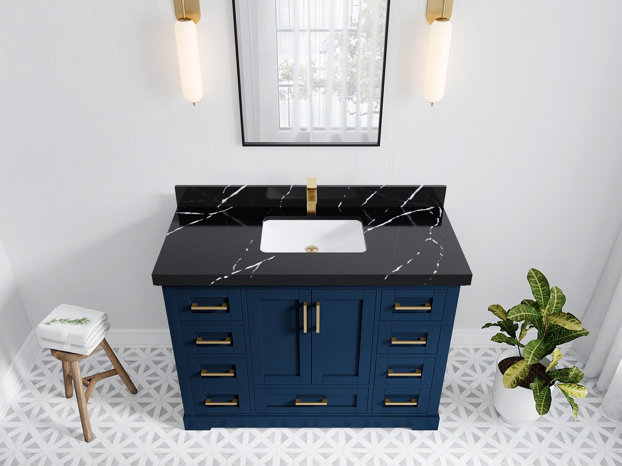 Boston 48 in. W x 22 in. D Single Sink Bathroom Vanity in Navy Blue with 2 in Calacatta Black Quartz Countertop - Top View