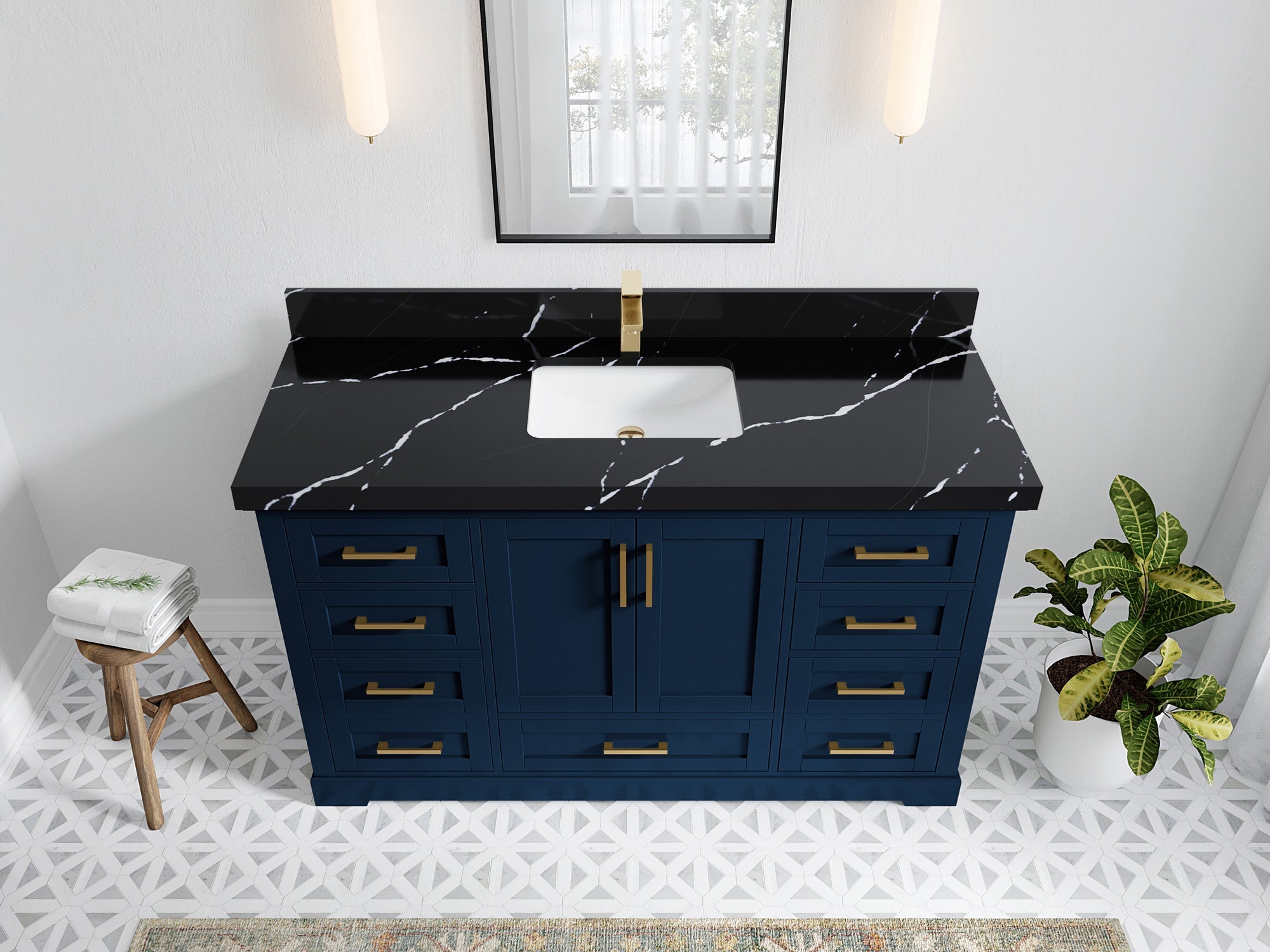 Boston 60 in. W x 22 in. D Single Sink Bathroom Vanity in Navy Blue with 2 in Calacatta Gold Quartz Countertop - Top View