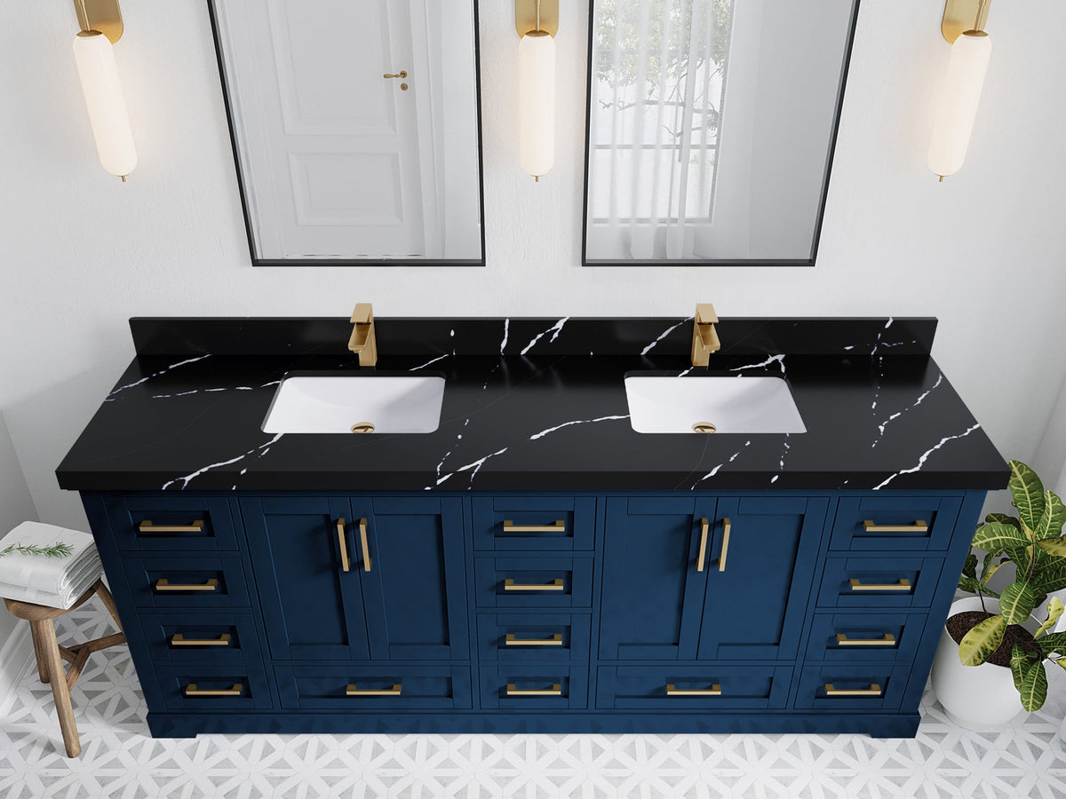 Boston 84 in. W x 22 in. D Double Sink Bathroom Vanity in Navy Blue with 2 in Calacatta Black Quartz Countertop - Top View
