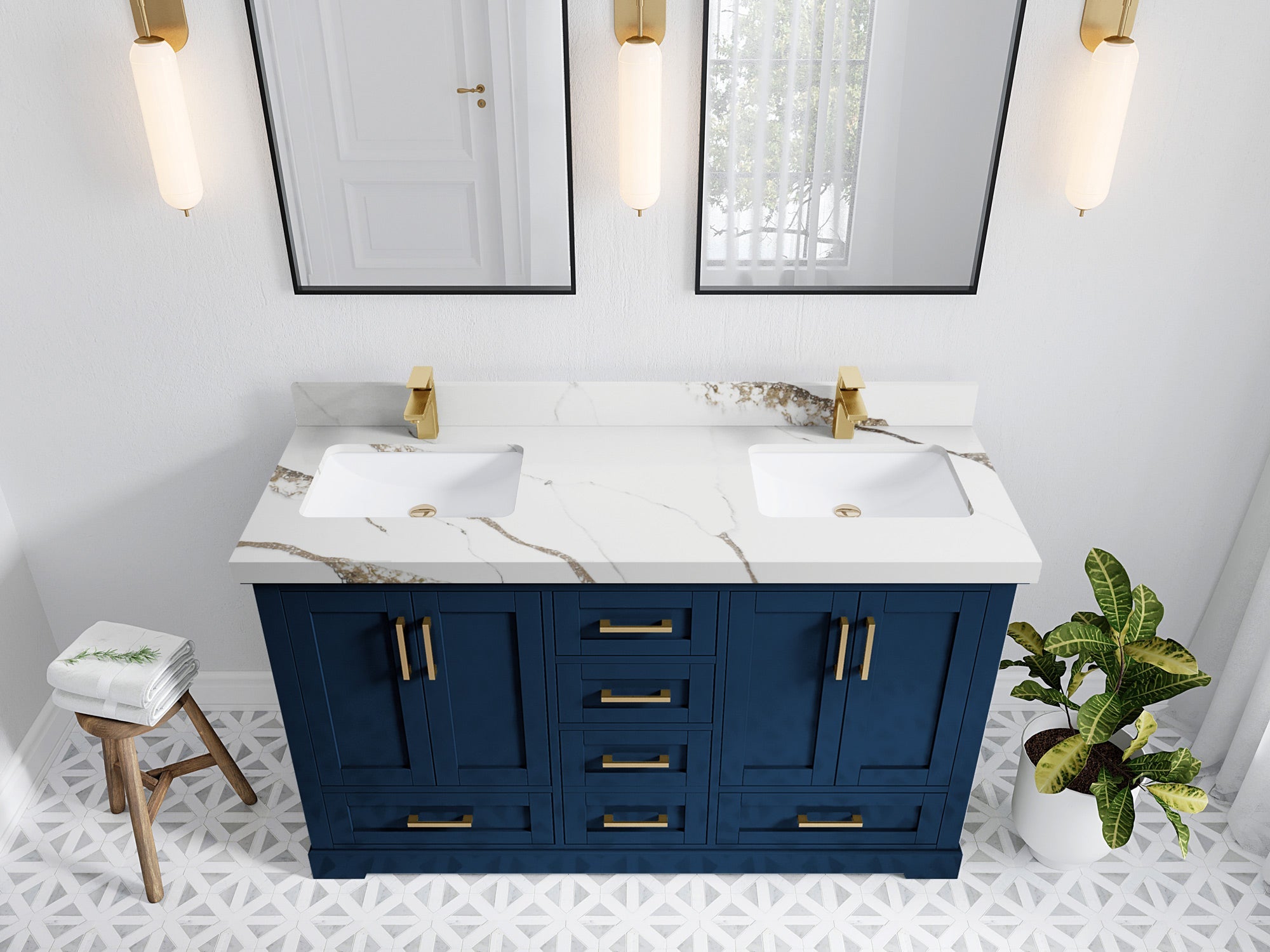 Boston 60 in. W x 22 in. D Double Sink Bathroom Vanity in Navy Blue with 2 in Calacatta Gold Quartz Countertop - Top View