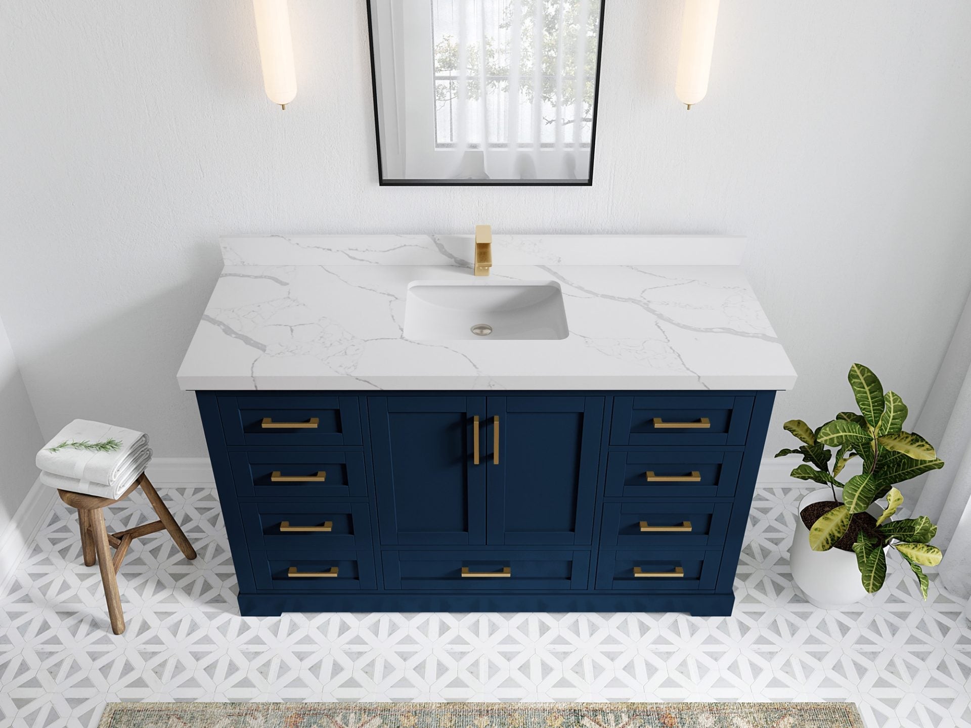 Boston 60 in. W x 22 in. D Single Sink Bathroom Vanity in Navy Blue with 2 in Calacatta Laza Quartz Countertop - Top View
