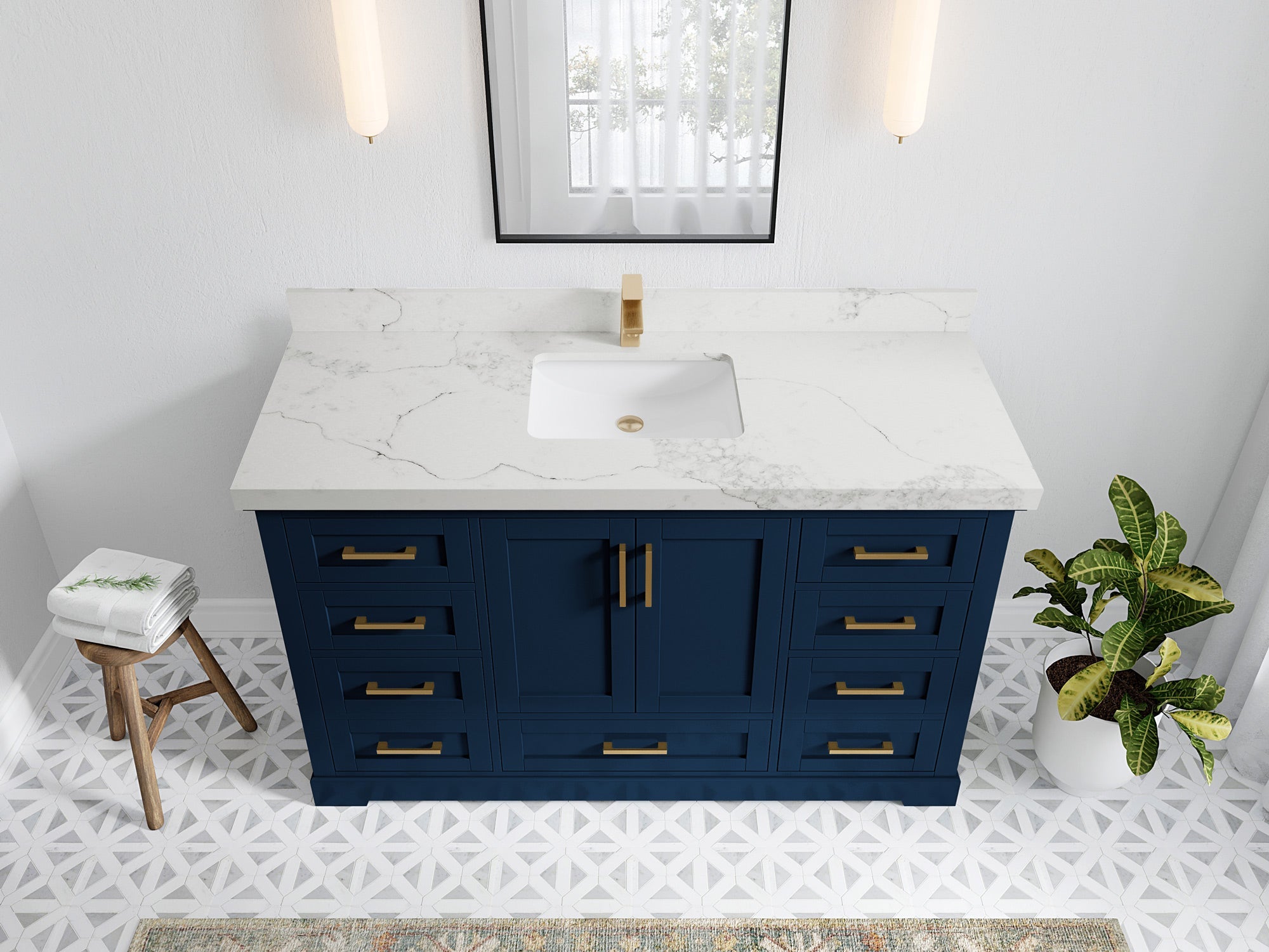 Boston 60 in. W x 22 in. D Single Sink Bathroom Vanity in Navy Blue with 2 in Calacatta Nuvo Quartz Countertop - Top View