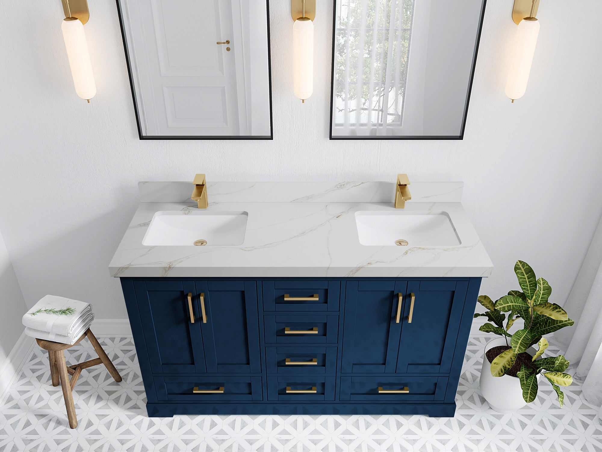 Boston 60 in. W x 22 in. D Double Sink Bathroom Vanity in Navy Blue with 2 in Calacatta Sienna Quartz Countertop - Top View