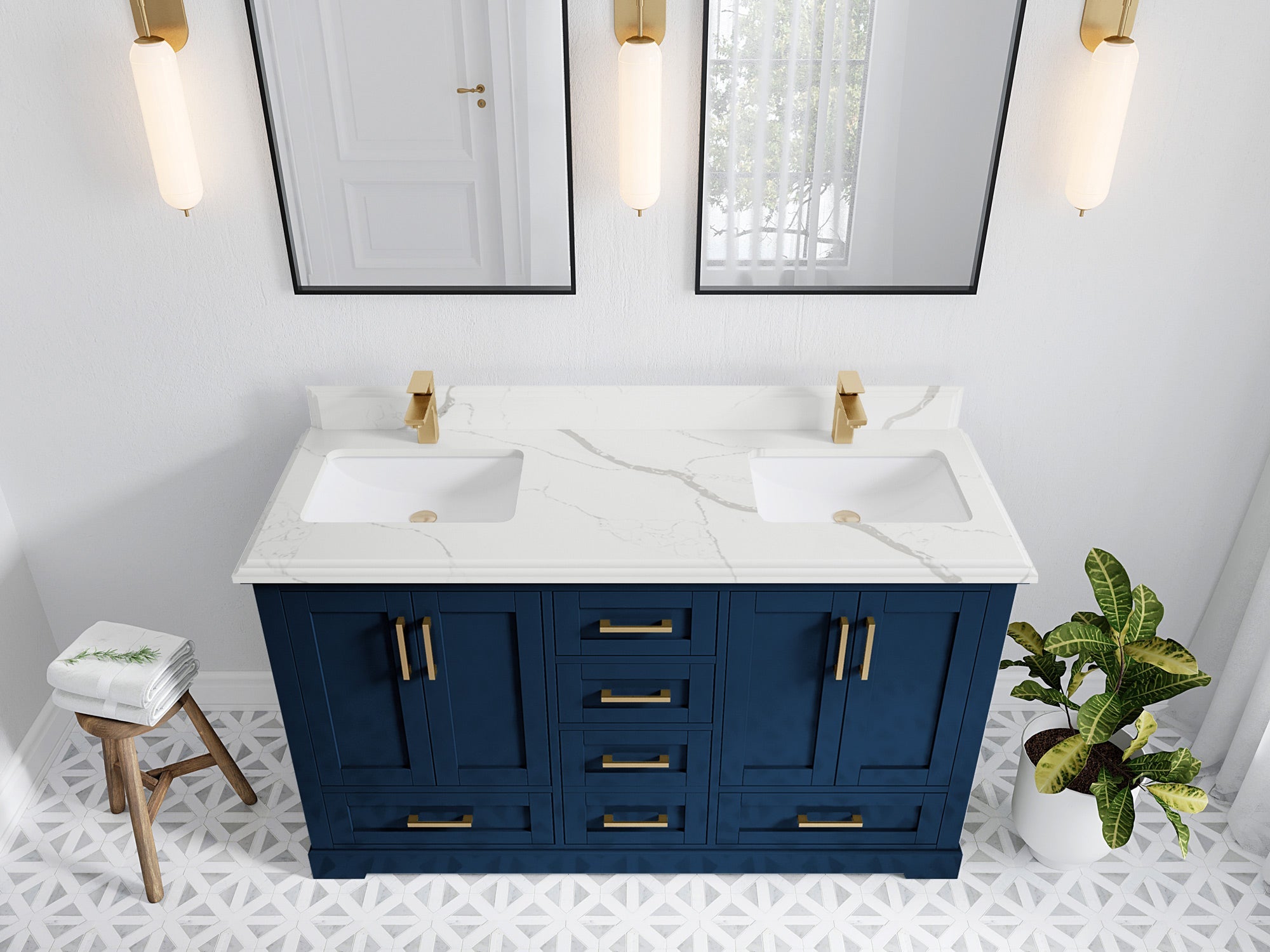 Boston 60 in. W x 22 in. D Double Sink Bathroom Vanity in Navy Blue with 1.5 in Double Cove Edge Calacatta Laza Quartz Countertop - Top View
