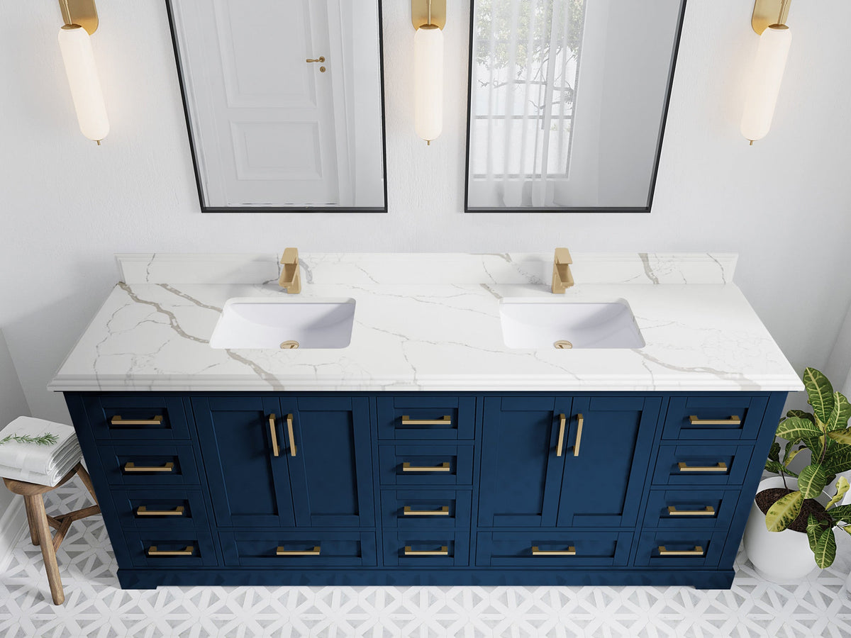 Boston 84 in. W x 22 in. D Double Sink Bathroom Vanity in Navy Blue with 1.5 in Double Cove Edge Calacatta Laza Quartz Countertop - Top View