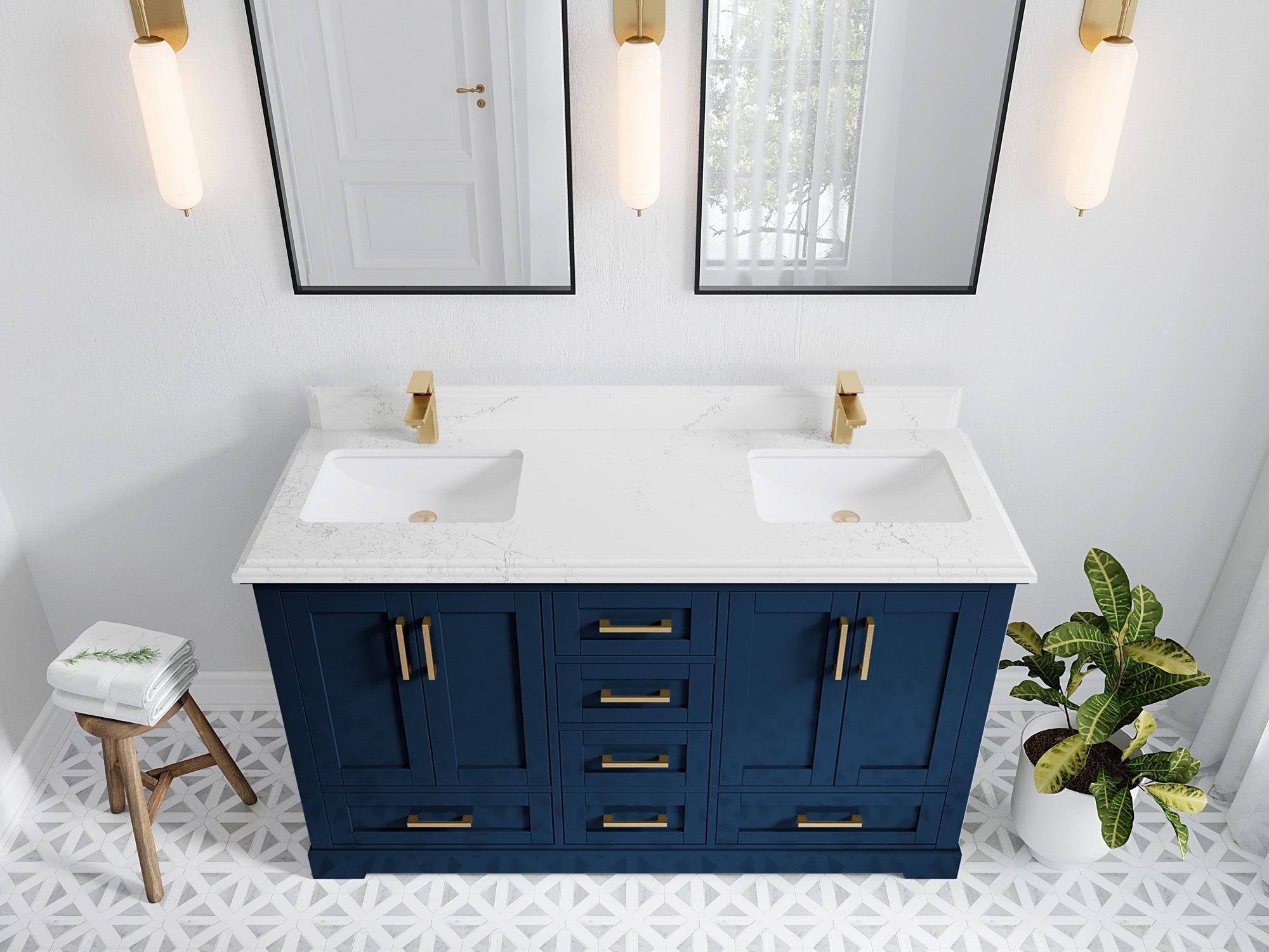 Boston 60 in. W x 22 in. D Double Sink Bathroom Vanity in Navy Blue with 1.5 in Double Cove Edge Empira White Quartz Countertop - Top View