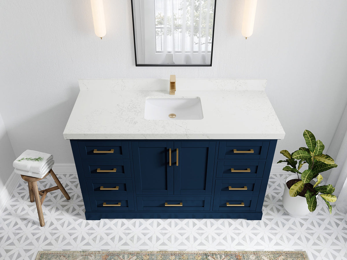 Boston 60 in. W x 22 in. D Single Sink Bathroom Vanity in Navy Blue with 2 in Empira White Quartz Countertop - Top View