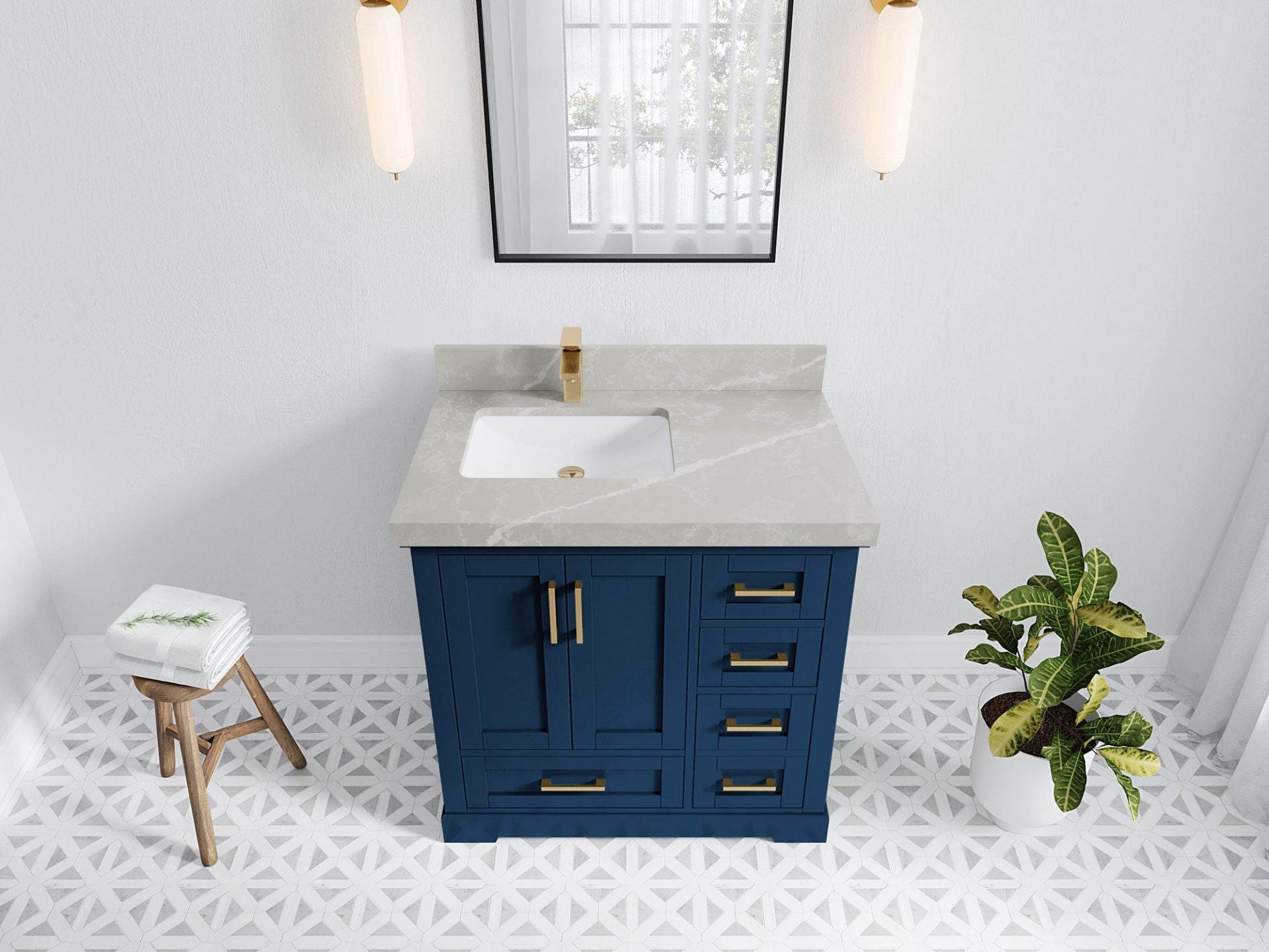 Boston 36 in. W x 22 in. D Single Sink Bathroom Vanity in Navy Blue with 2 in Pearl Light Gray Quartz Countertop - Top View