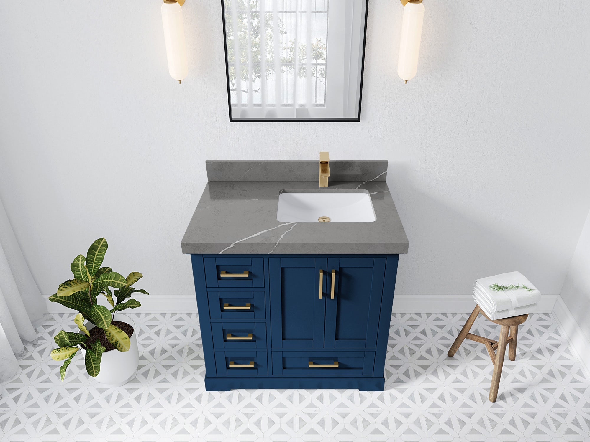 Boston 36 in. W x 22 in. D Single Sink Bathroom Vanity in Navy Blue with 2 in Piatra Gray Quartz Countertop - Top View