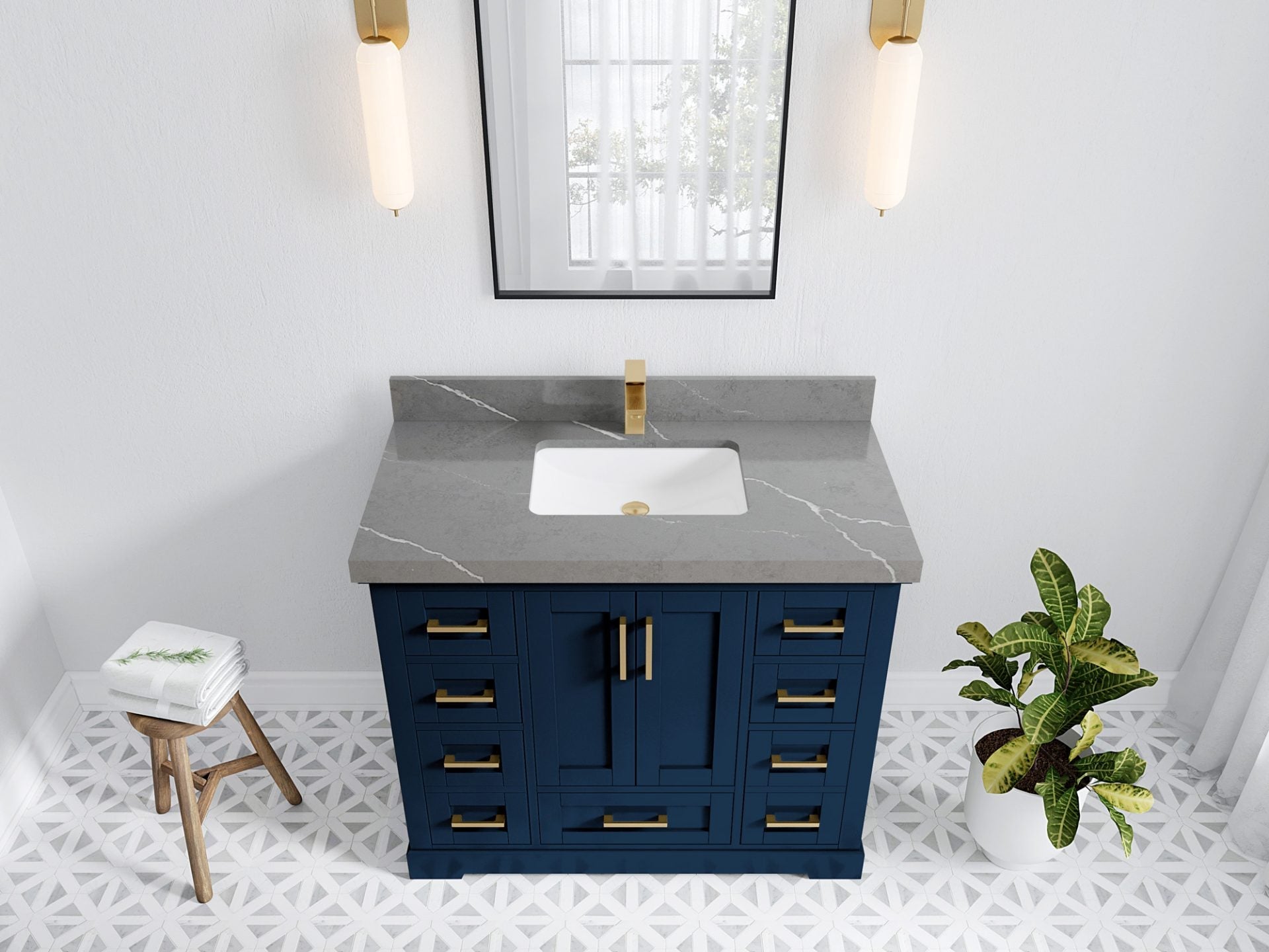 Boston 42 in. W x 22 in. D Single Sink Bathroom Vanity in Navy Blue with 2 in Piatra Gray Quartz Countertop - Top View