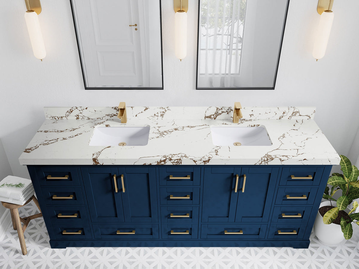Boston 84 in. W x 22 in. D Double Sink Bathroom Vanity in Navy Blue with 2 in Viola Brown Quartz Countertop - Top View