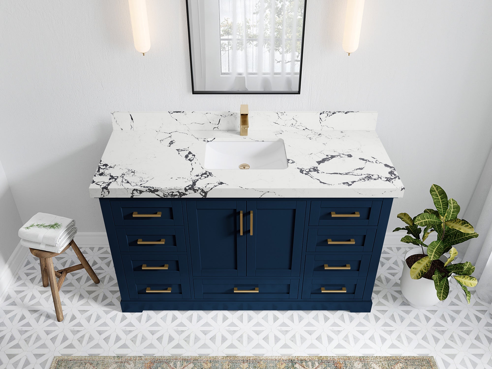 Boston 60 in. W x 22 in. D Single Sink Bathroom Vanity in Navy Blue with 2 in Viola Night Quartz Countertop - Top View