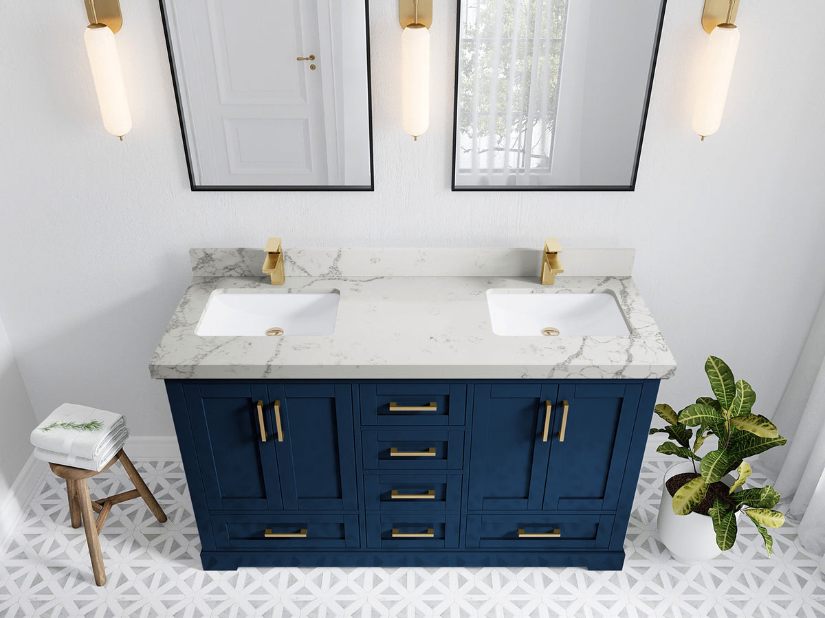 Boston 60 in. W x 22 in. D Double Sink Bathroom Vanity in Navy Blue with 2 in Venatino Quartz Countertop - Top View