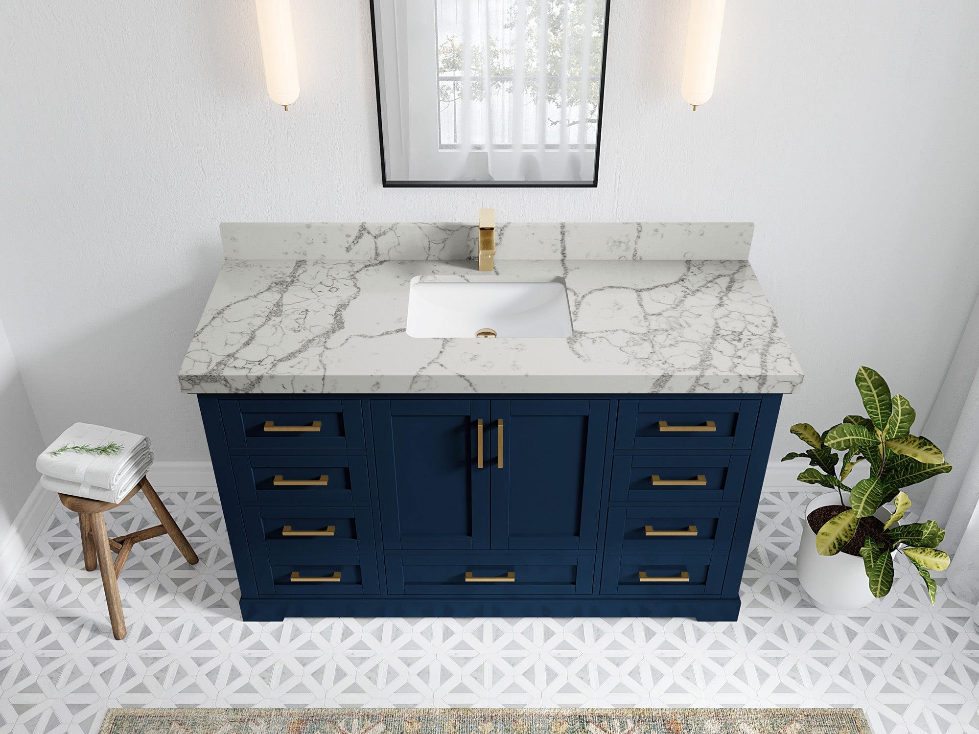 Boston 60 in. W x 22 in. D Single Sink Bathroom Vanity in Navy Blue with 2 in Venatino Quartz Countertop - Top View