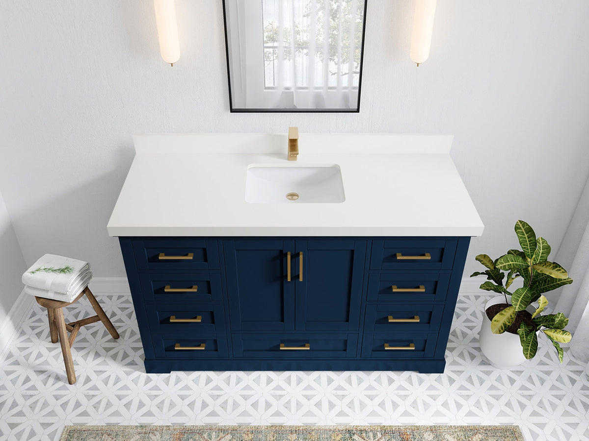 Boston 60 in. W x 22 in. D Single Sink Bathroom Vanity in Navy Blue with 2 in White Quartz Countertop - Top View