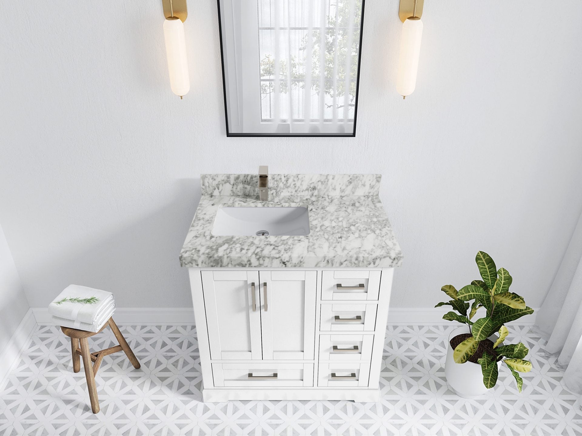Boston 36 in. W x 22 in. D Single Sink Bathroom Vanity in White with 2 in Carrara Marble Countertop - Top View