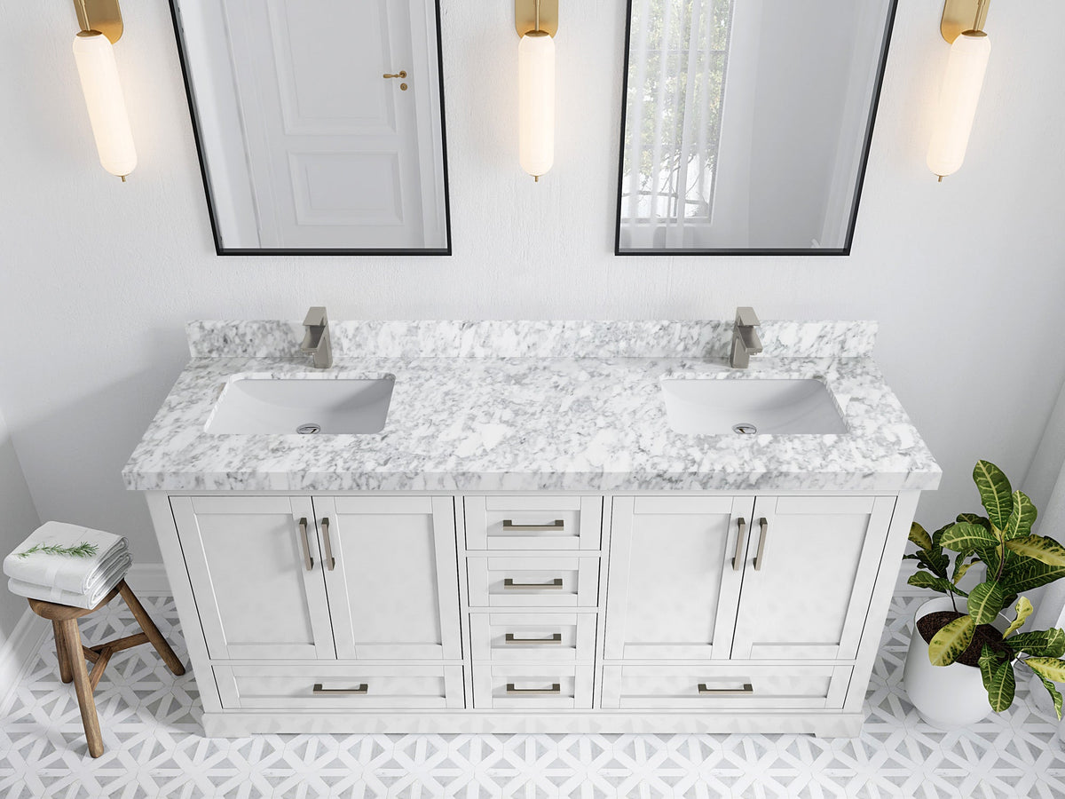Boston 72 in. W x 22 in. D Double Sink Bathroom Vanity in White with 2 in Carrara Marble Countertop - Top View