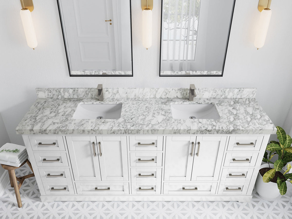 Boston 84 in. W x 22 in. D Double Sink Bathroom Vanity in White with 2 in Carrara Marble Countertop - Top View