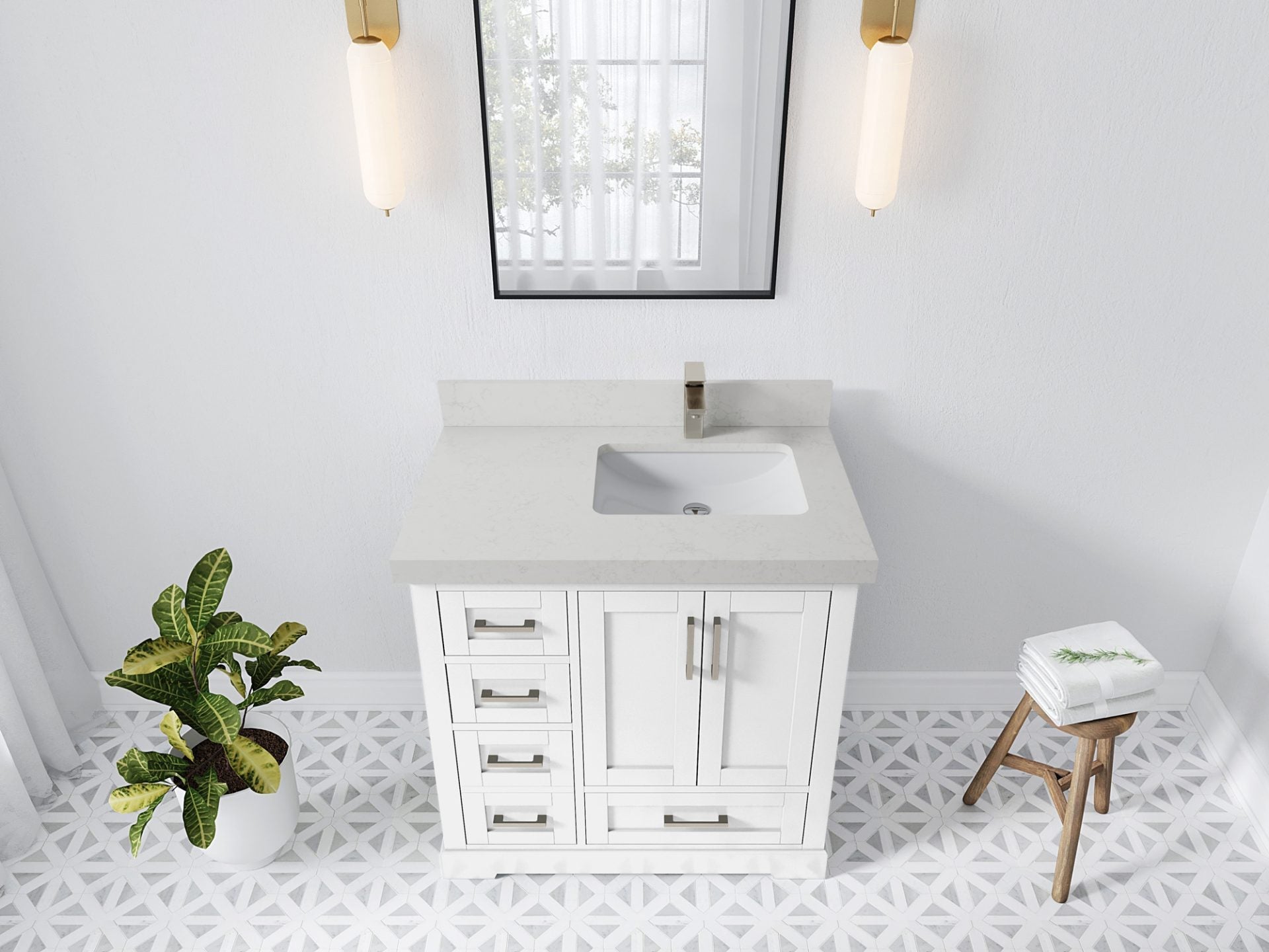 Boston 36 in. W x 22 in. D Single Sink Bathroom Vanity in White with 2 in Carrara Quartz Countertop - Top View