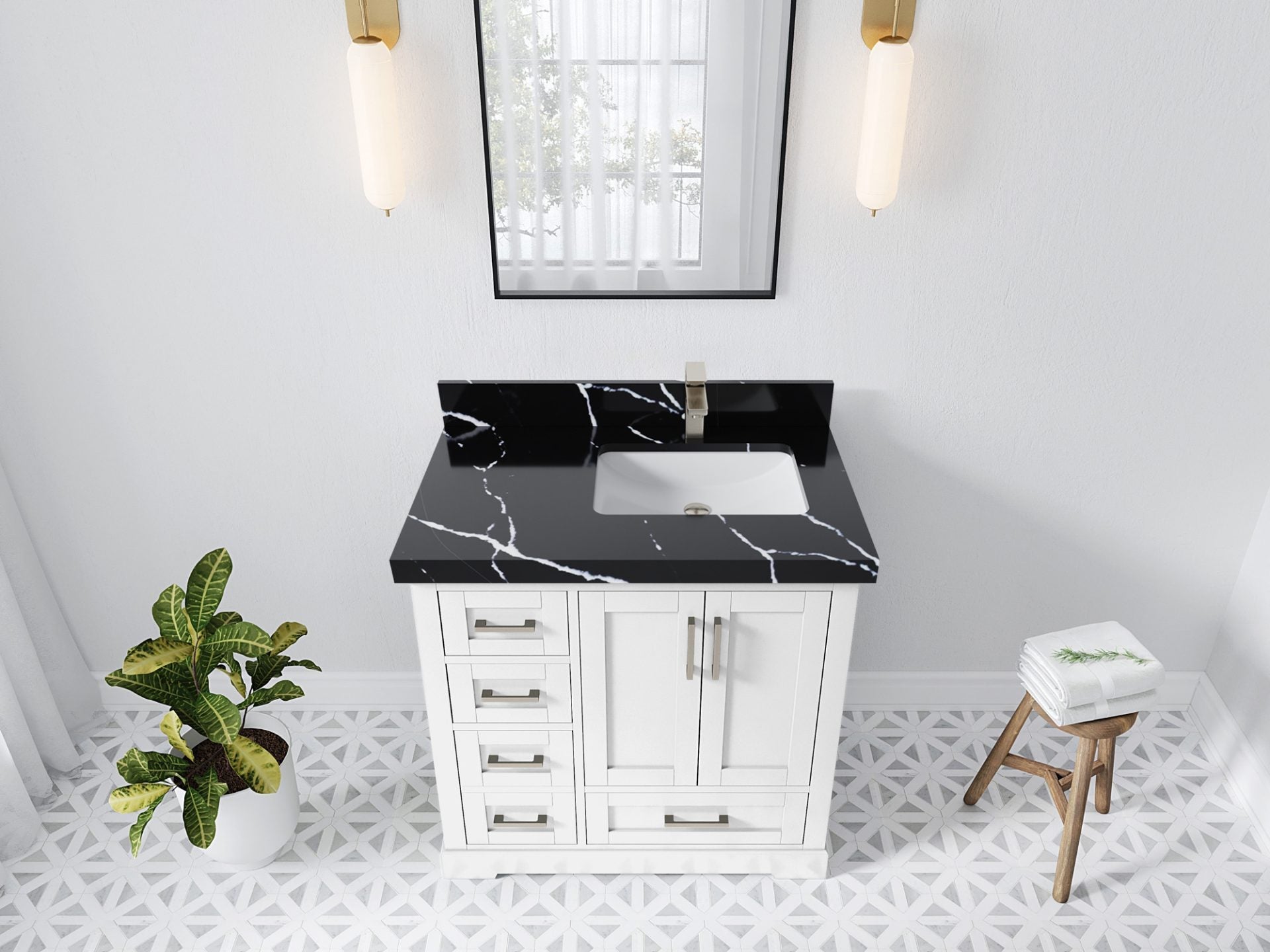 Boston 36 in. W x 22 in. D Single Sink Bathroom Vanity in White with 2 in Calacatta Black Quartz Countertop - Top View