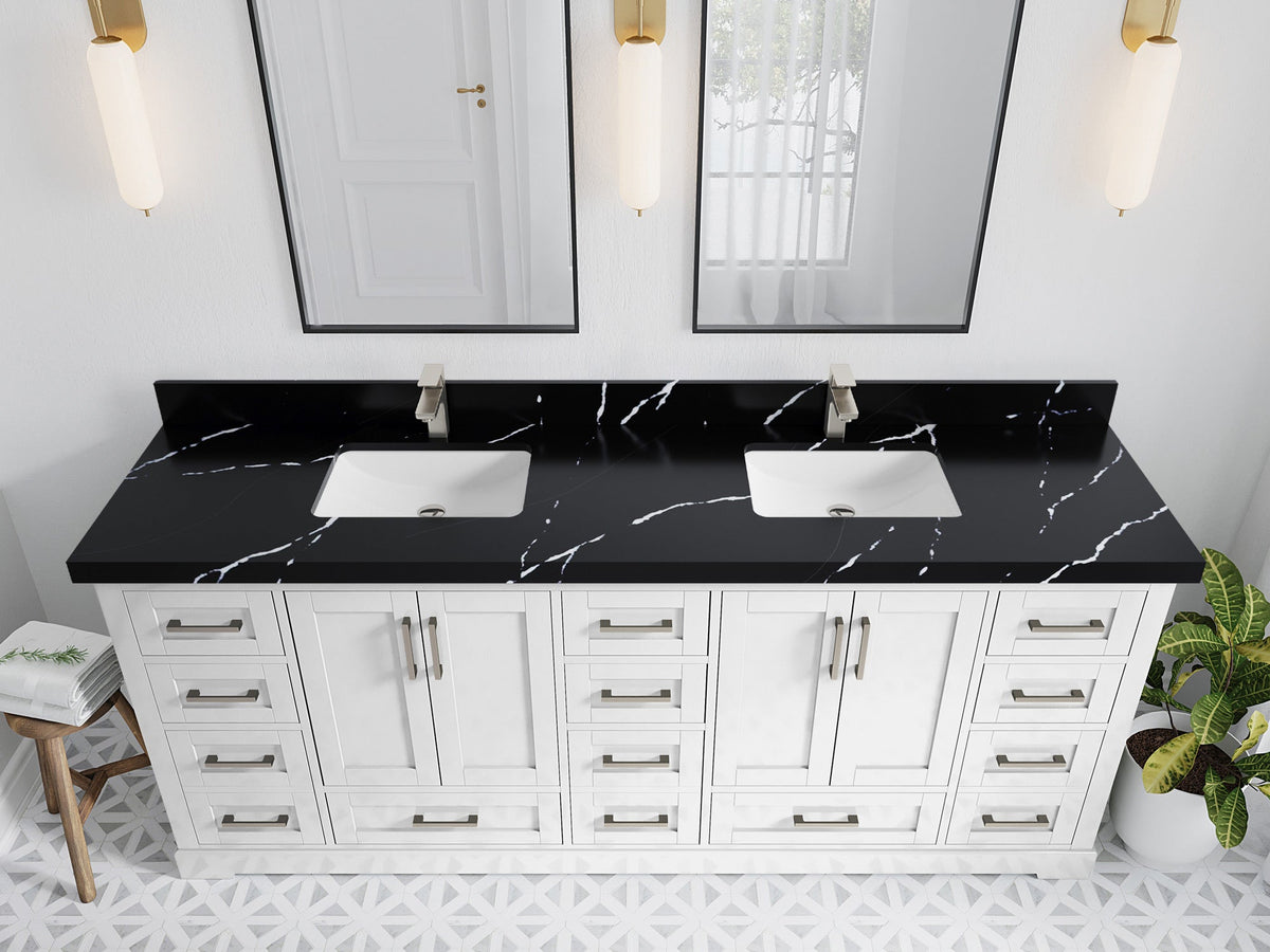 Boston 84 in. W x 22 in. D Double Sink Bathroom Vanity in White with 2 in Calacatta Black Quartz Countertop - Top View