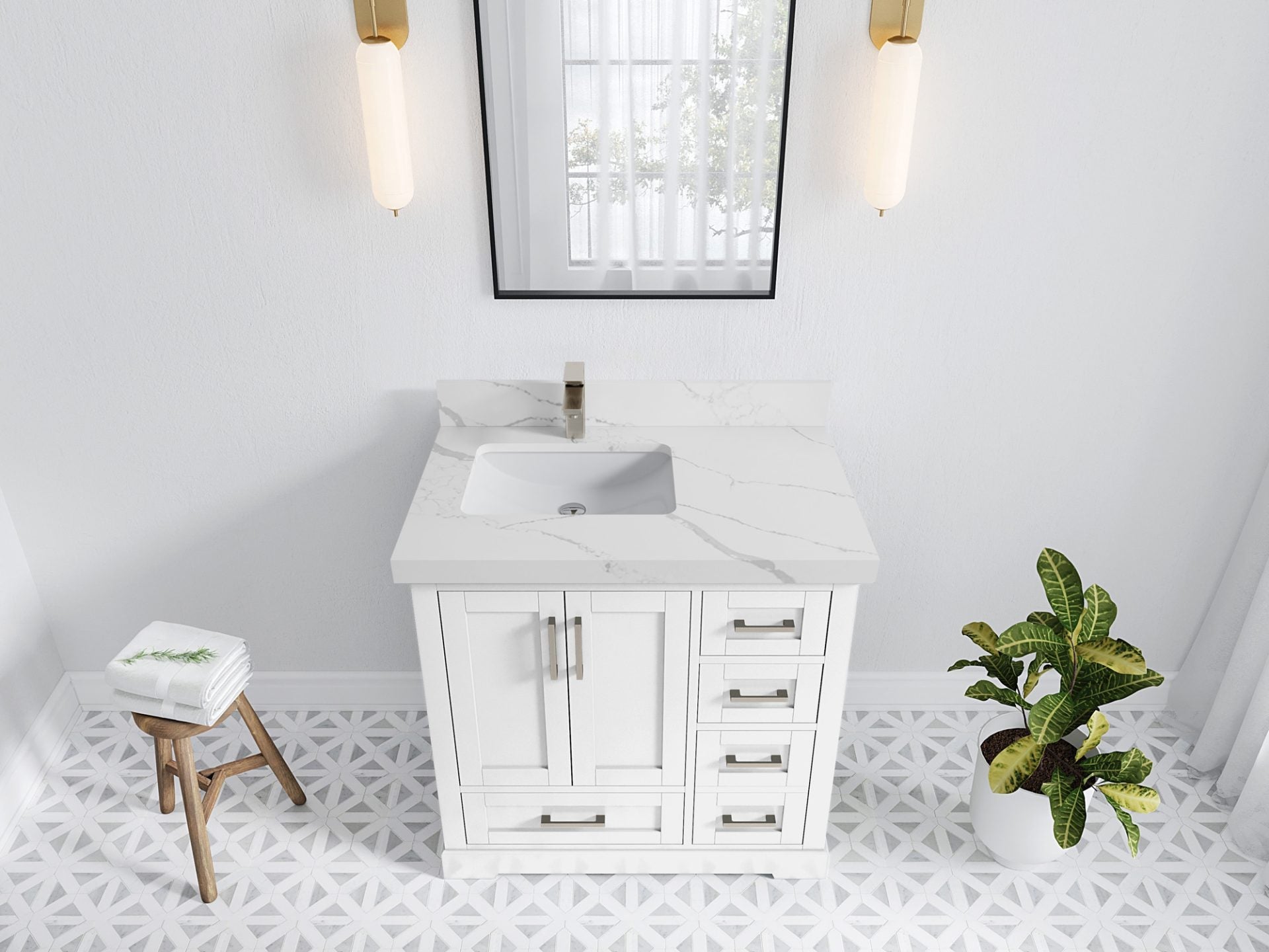 Boston 36 in. W x 22 in. D Single Sink Bathroom Vanity in White with 2 in Calacatta Laza Quartz Countertop - Top View
