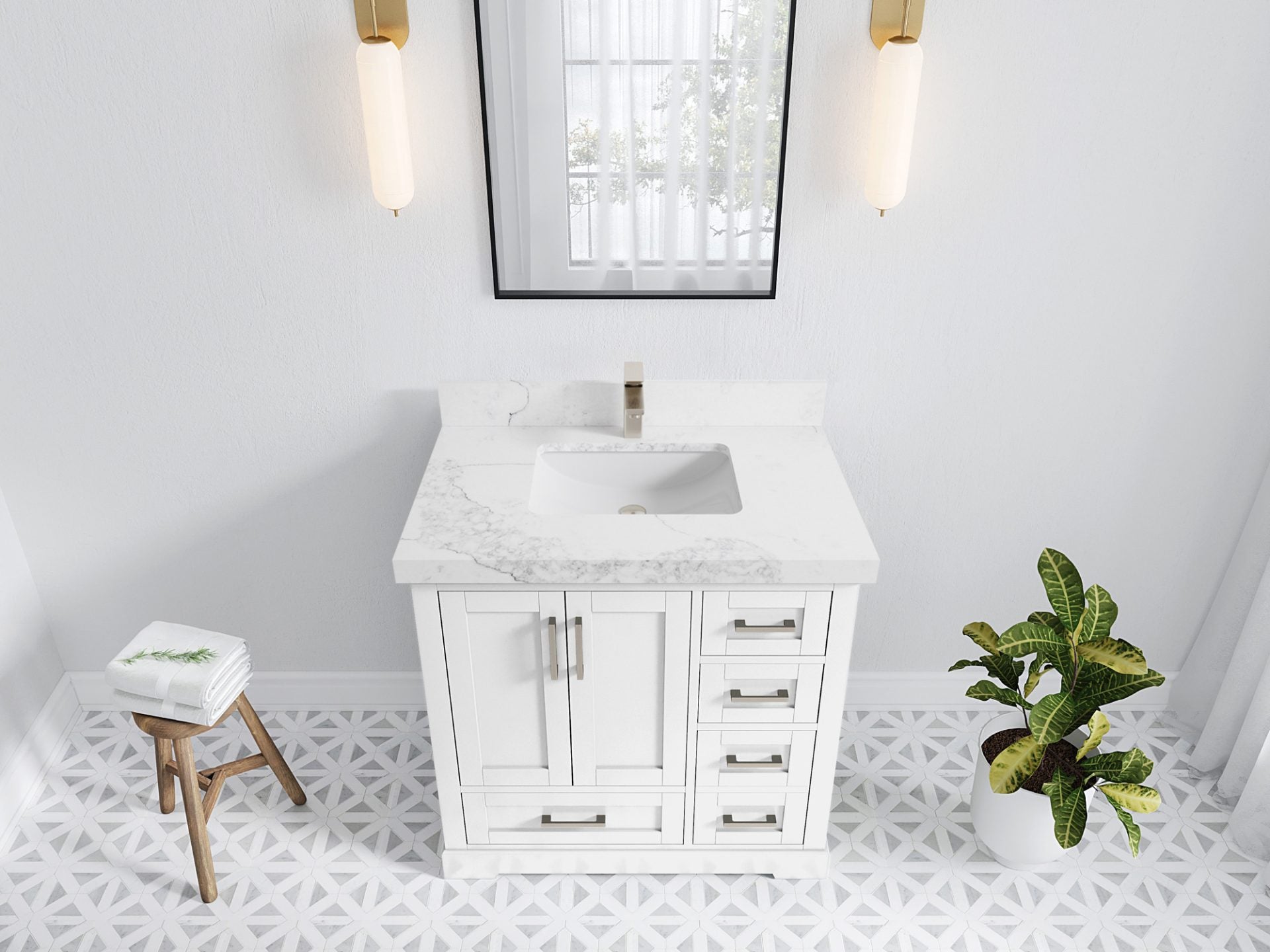 Boston 36 in. W x 22 in. D Single Sink Bathroom Vanity in White with 2 in Calacatta Nuvo Quartz Countertop - Top View