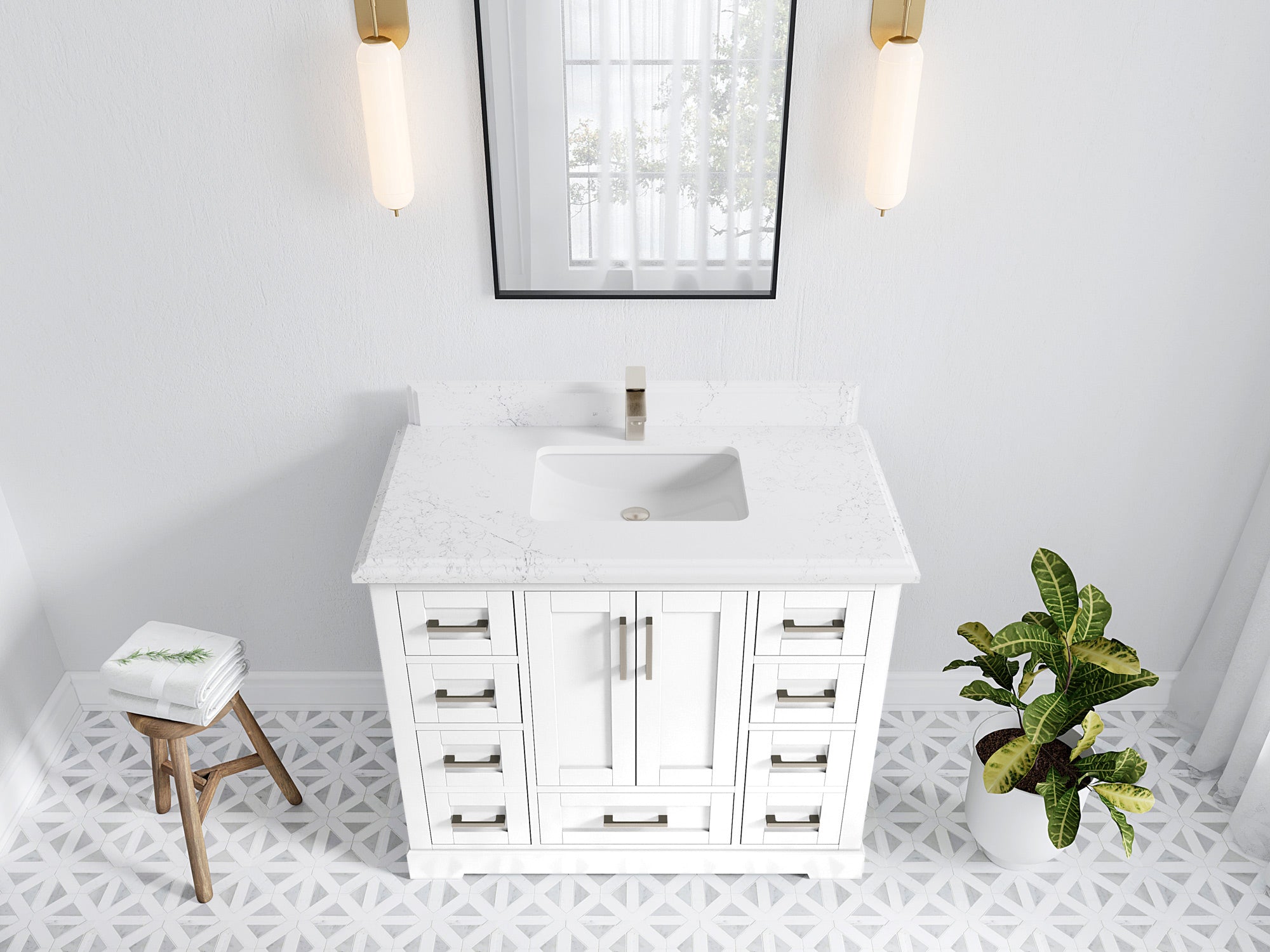 Boston 42 in. W x 22 in. D Single Sink Bathroom Vanity in White with 1.5 in Double Cove Edge Empira White Quartz Countertop - Top View
